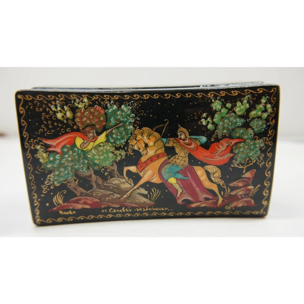 Russian Trinket Box 3"  lacquer vintage with red interior Archer on horse